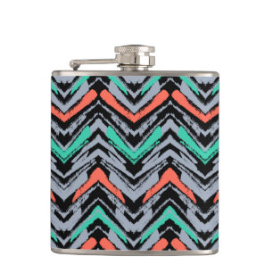 Grey, Teal, And Coral Hand Drawn Chevron Pattern Hip Flask