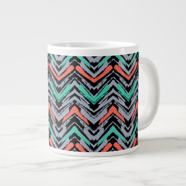 Grey, Teal, And Coral Hand Drawn Chevron Pattern Large Coffee Mug (Front Right)