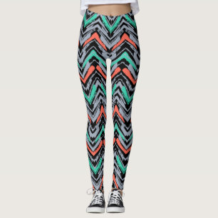 Grey, Teal, And Coral Hand Drawn Chevron Pattern Leggings