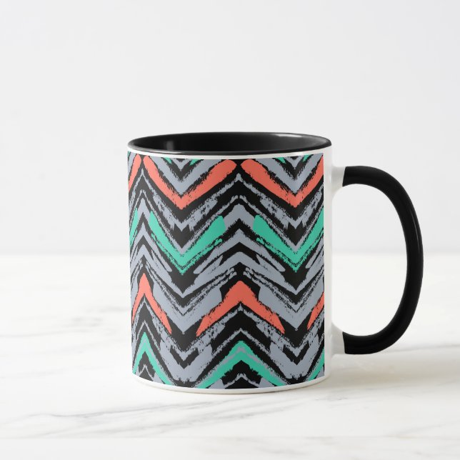 Grey, Teal, And Coral Hand Drawn Chevron Pattern Mug (Right)