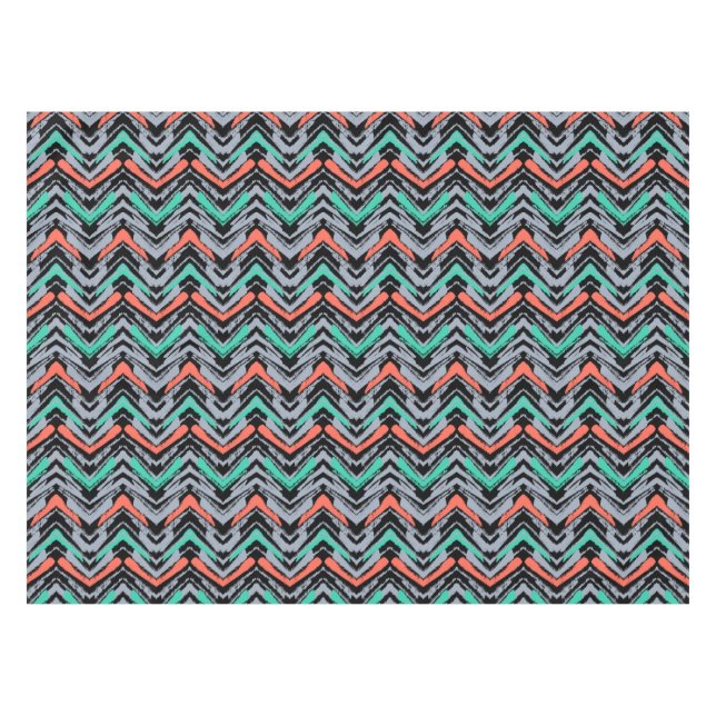 Grey, Teal, And Coral Hand Drawn Chevron Pattern Tablecloth (Front (Horizontal))
