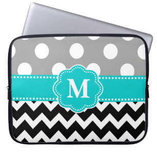 Grey Teal Black Chevron Monogram Laptop Sleeve