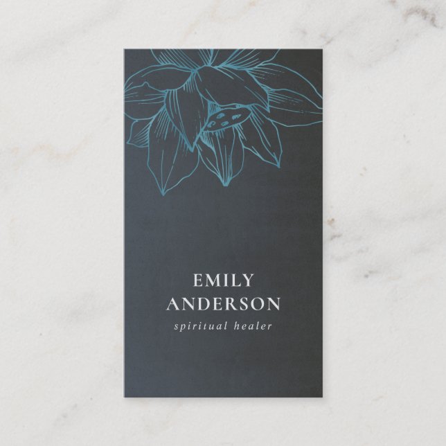 GREY TEAL BLUE LOTUS SIMPLE REIKI SPIRITUAL HEALER BUSINESS CARD (Front)
