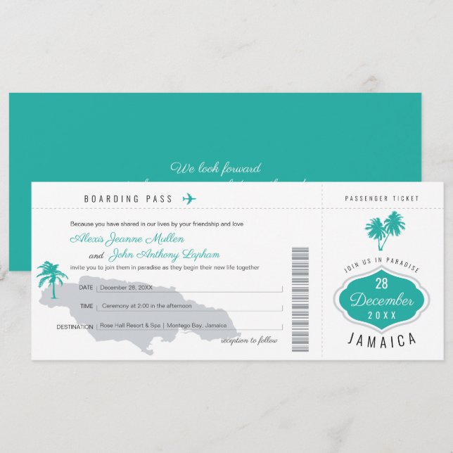 Grey Teal Boarding Pass to Jamaica Wedding Invitation (Front/Back)