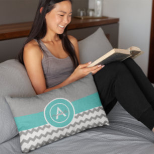 Grey Teal Chevron Lumbar Cushion