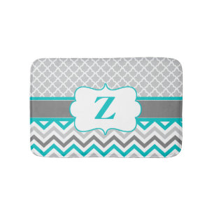 Grey Teal Chevron Monogram Bathmat