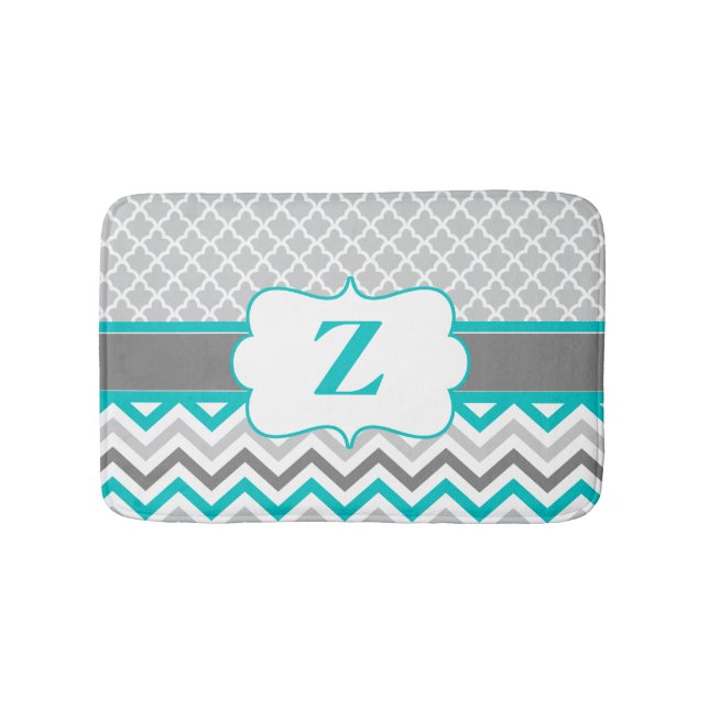 Grey Teal Chevron Monogram Bathmat (Front)