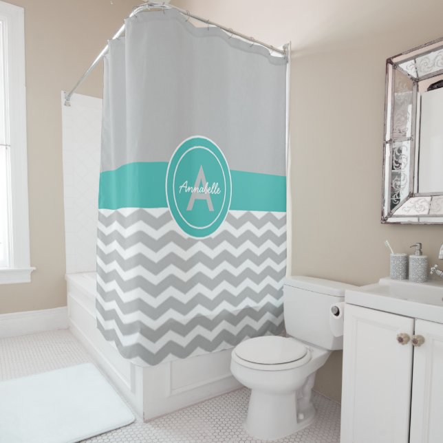 Grey Teal Chevron Shower Curtain (In Situ)