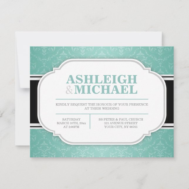 Grey & Teal Damask Wedding Invitations (Front)