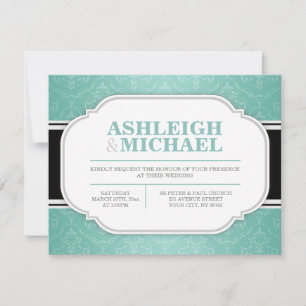Grey & Teal Damask Wedding Invitations