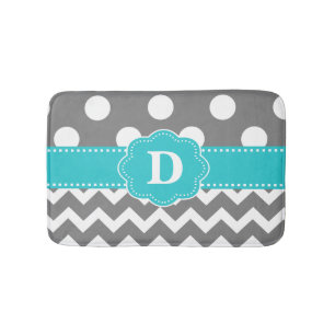 Grey Teal Dots Chevron Monogram Bathmat