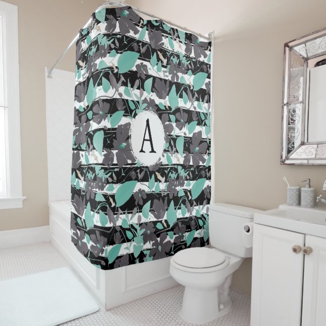 Grey Teal Floral Stripe Monogramed Pattern Shower Curtain (In Situ)
