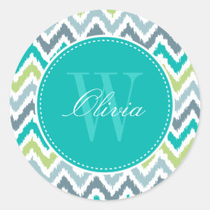 Grey Teal Green Zigzag Ikat Pattern Monogram Classic Round Sticker