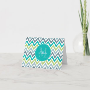 Grey Teal Green Zigzag Ikat Pattern Note Card