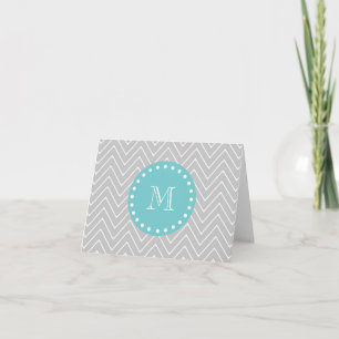 Grey & Teal Modern Chevron Custom Monogram Note Card