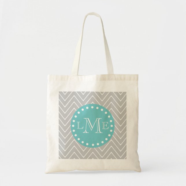 Grey & Teal Modern Chevron Custom Monograms Tote Bag (Front)