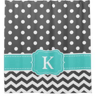 Grey Teal Polka Dots Chevron Monogram Initials Shower Curtain