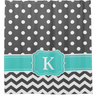 Grey Teal Polka Dots Chevron Monogram Initials Shower Curtain