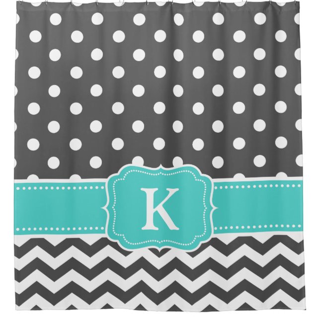 Grey Teal Polka Dots Chevron Monogram Initials Shower Curtain (Front)