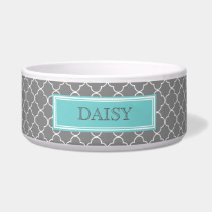 Grey Teal Quatrefoil Custom Name Dog Bowl