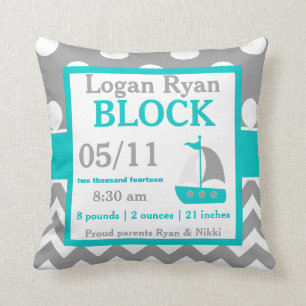 Grey Teal Sailboat Baby Announcement Pillow