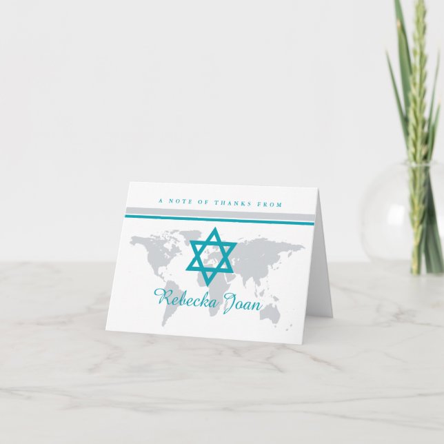 Grey Teal Star of David Bat Mitzvah World Map Thank You Card (Front)