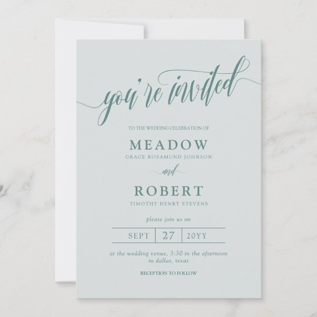 Grey & Teal Typography Informal 2 in 1 Wedding Invitation (Front)
