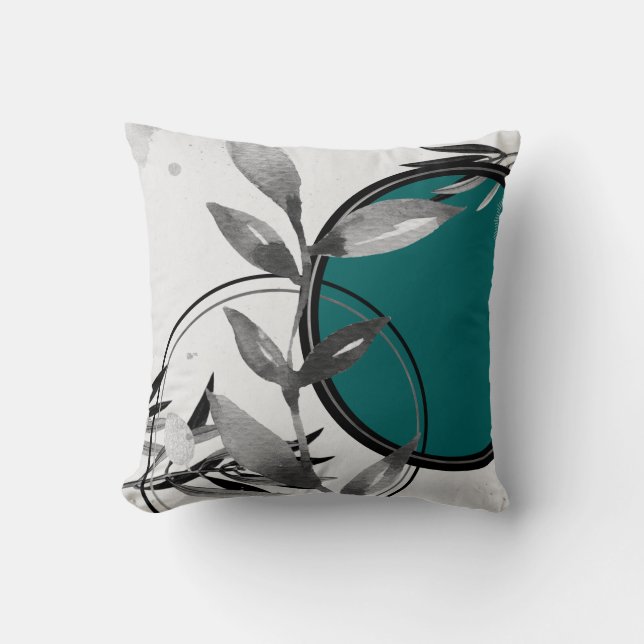 Grey & Teal Zen Watercolor Leaves Cushion (Front)