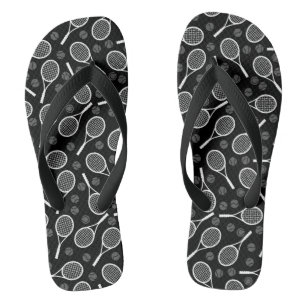Grey Tennis Rackets and Balls Pattern Sporty Black Thongs