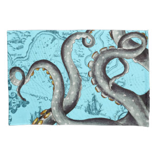 Grey Tentacles On Blue Vintage Map Pillowcase