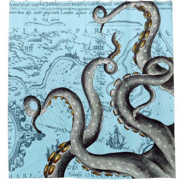 Grey Tentacles On Blue Vintage Map Shower Curtain (Front)
