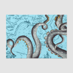 Grey Tentacles On Blue Vintage Map Tissue Paper