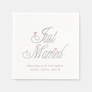 Grey Text Just Married Personalised Paper Napkins