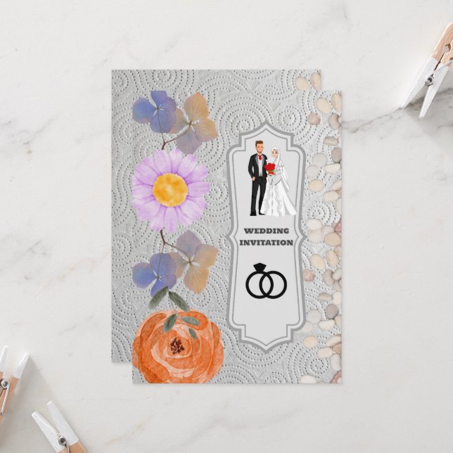 Grey Texture Floral Islamic Wedding Invitation (Front/Back In Situ)
