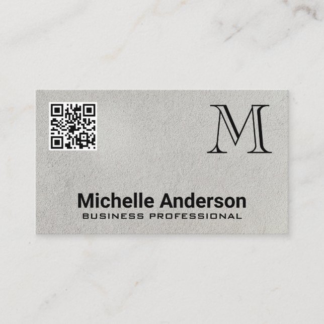 Grey Texture | Monogram QR Code Business Card (Front)