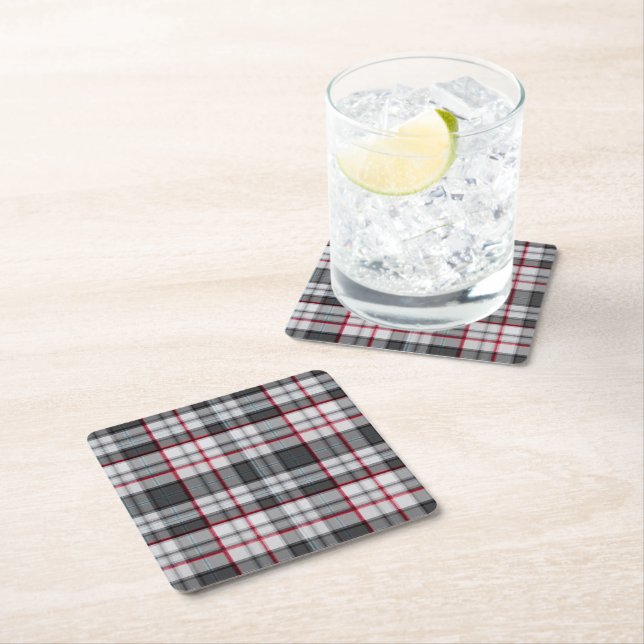 Grey textured tartan plaid  square paper coaster (Insitu)