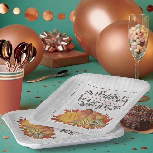 Grey Thanksgiving Pumpkins and Squash Paper Plate (Multi)