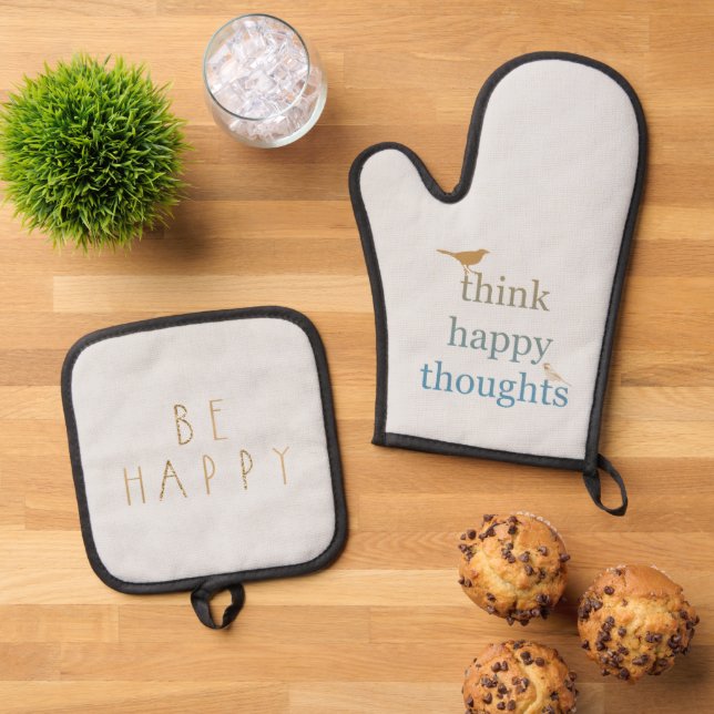 Grey Think Happy Thoughts Birds Oven Mitt & Pot Holder Set (Top Down)