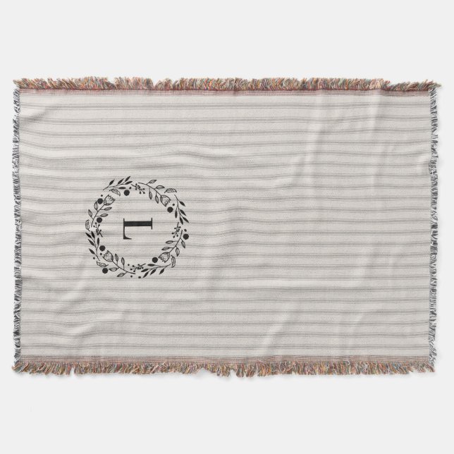 Grey Ticking Stripes Wreath Monogram | Farmhouse Throw Blanket (Front)