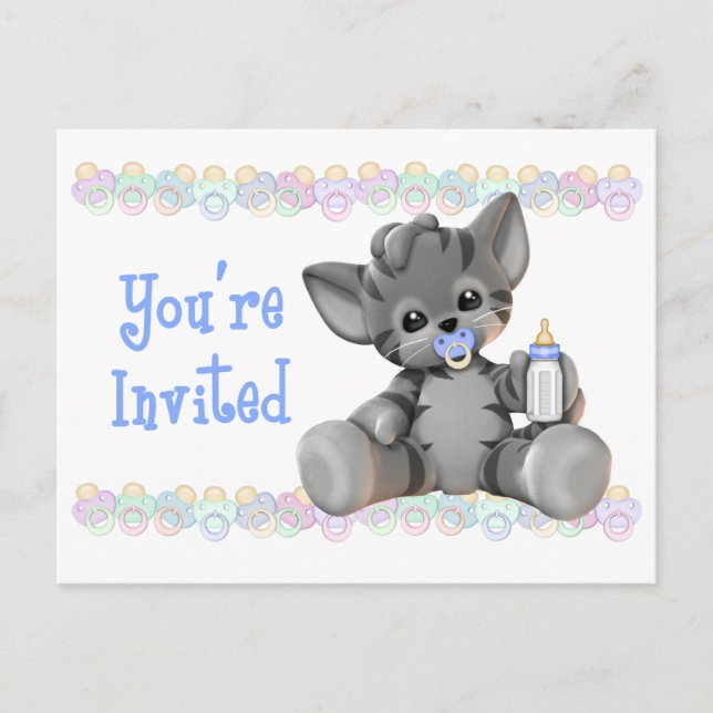 Grey Tiger Kitten Blue Baby Shower Invitation Postcard (Front)