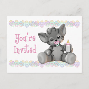 Grey Tiger Kitten Pink Baby Shower Invitation