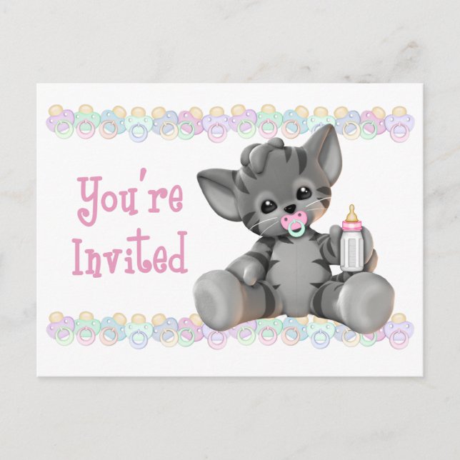 Grey Tiger Kitten Pink Baby Shower Invitation (Front)