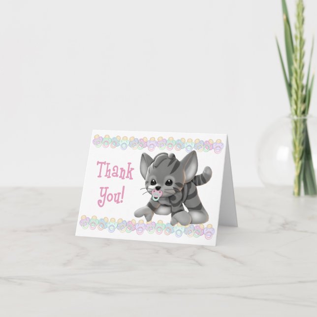 Grey Tiger Kitten Pink Pacifier Thank You Card (Front)