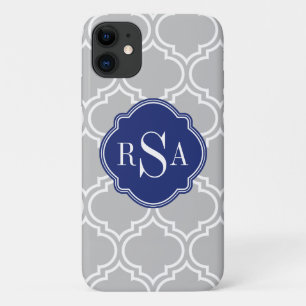 Grey Tile Lattice Pattern Blue Monogram iPhone 11 Case