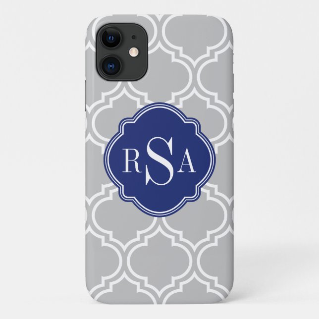 Grey Tile Lattice Pattern Blue Monogram Case-Mate iPhone Case (Back)