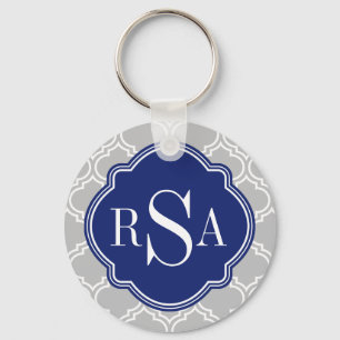 Grey Tile Lattice Pattern Blue Monogram Key Ring