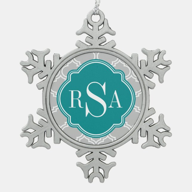 Grey Tile Lattice Pattern Emerald Monogram Snowflake Pewter Christmas Ornament (Front)