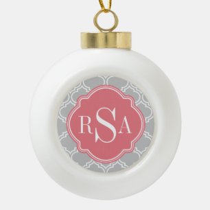 Grey Tile Lattice Pattern Pink Monogram Ceramic Ball Christmas Ornament