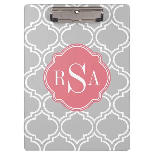 Grey Tile Lattice Pattern Pink Monogram Clipboard (Front)