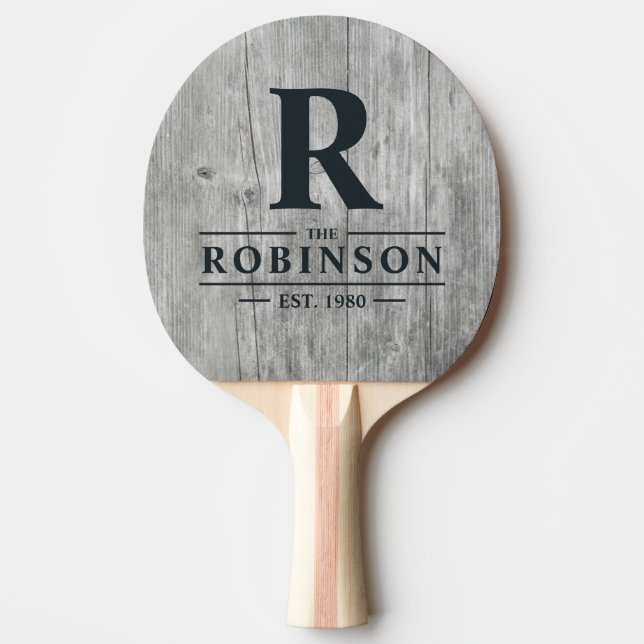 Grey Timber Family Name & Initial Ping Pong Paddle (Front)